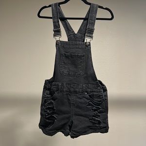 Distressed black overall shorts